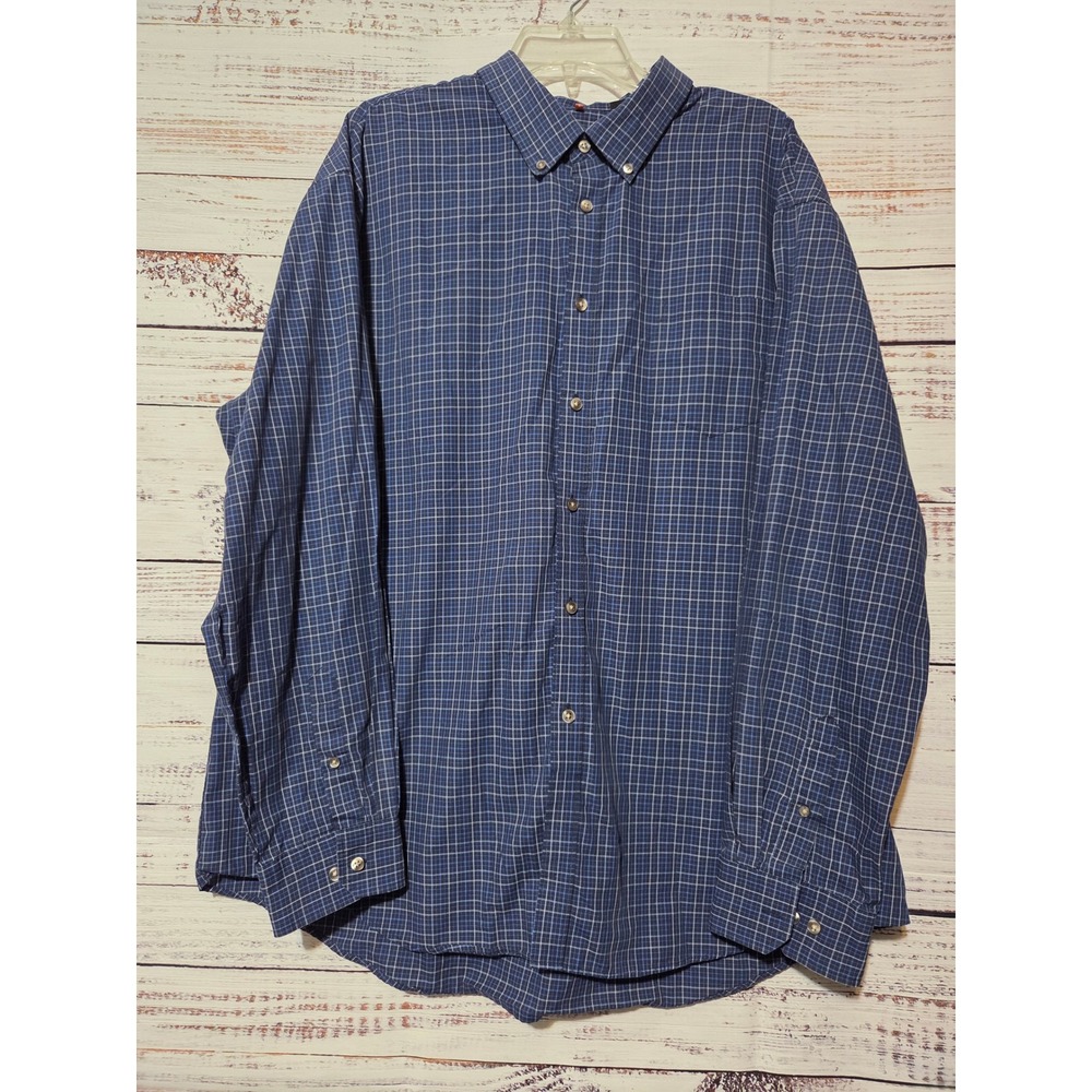Van Heusen Traveler Mens XXL Blue Grid Plaid Long Sleeve Button Down Shirt